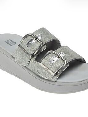 Fitflop NWT F-Mode Double Buckle Silver Shimmerlux Flatform Size 7 Slides